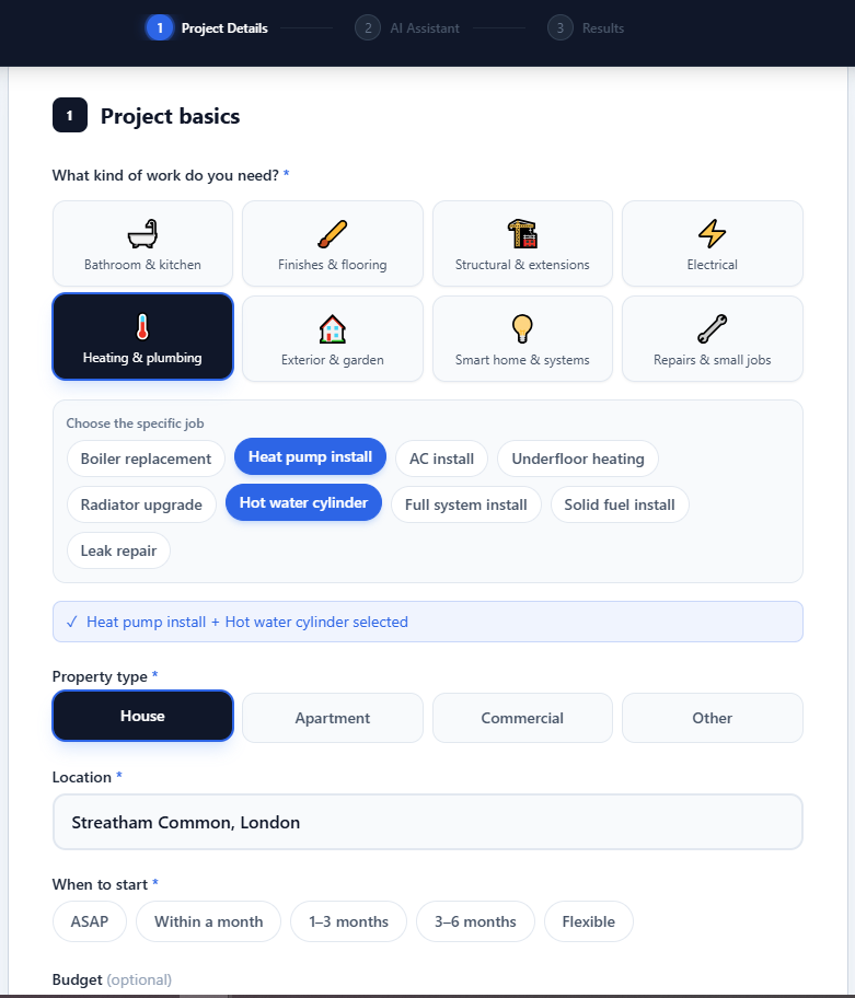 ISKAL configuration du projet — choisissez le type de chantier et les détails
