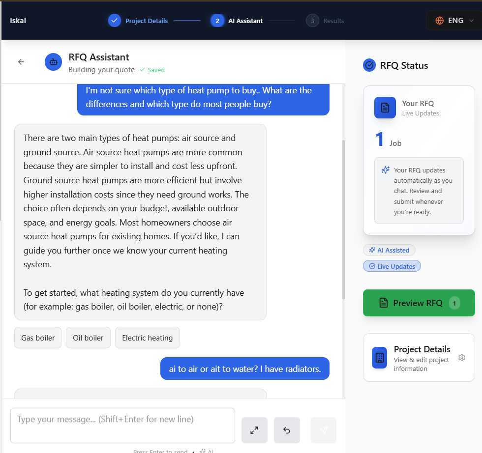 ISKAL KI-Assistent — geführte Fragen und Live-Vorschau der Anfrage (AI Assistant)